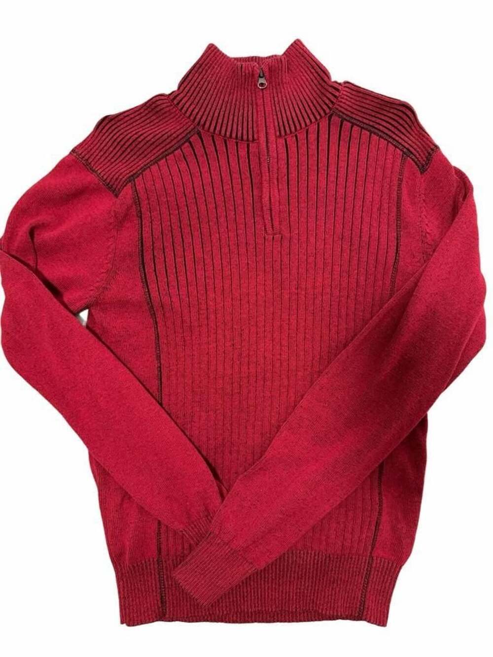 Carbon Men's Red and Black Ribbed 1/4 Zip Mock Neck Cotton Sweater Medium